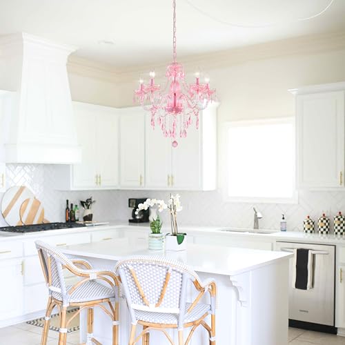 PAPAYA Plug-in 5 Lights Pink Crystal Hanging Pendant Light Acrylic Chandelier with Clear Cord & On/Off Switch H19 D19.7 for Kitchen Island Girls' Room Dining Area Laundry Pavilion. - Image 4