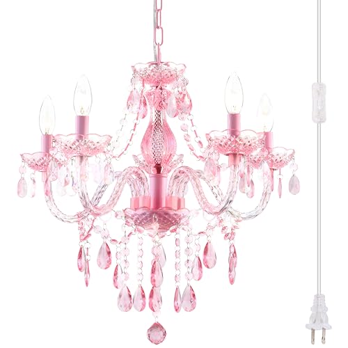 PAPAYA Plug-in 5 Lights Pink Crystal Hanging Pendant Light Acrylic Chandelier with Clear Cord & On/Off Switch H19 D19.7 for Kitchen Island Girls' Room Dining Area Laundry Pavilion. - Image 1