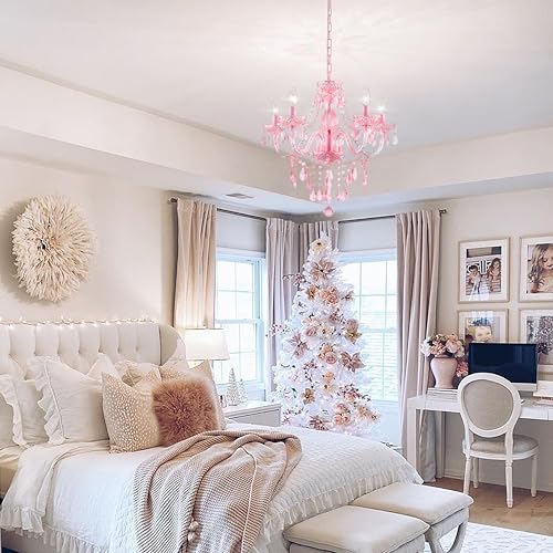 PAPAYA Plug-in 5 Lights Pink Crystal Hanging Pendant Light Acrylic Chandelier with Clear Cord & On/Off Switch H19 D19.7 for Kitchen Island Girls' Room Dining Area Laundry Pavilion. - Image 5