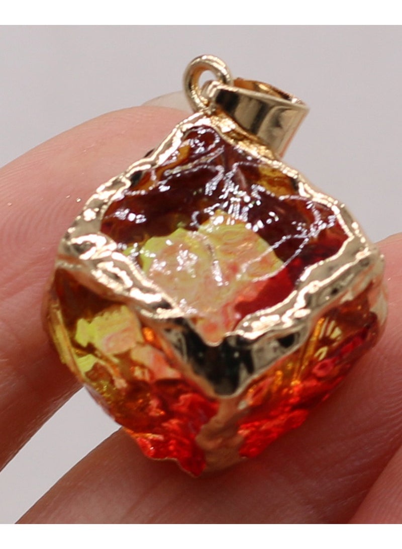 Red Yellow Natural Stone Crystal 25x25mm Square Glass Pendant With Gold Edge - Image 1
