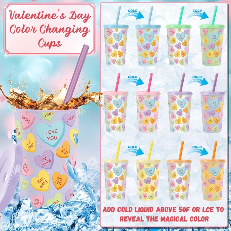 Jansun Conversation Hearts Color Changing Cups, 12-Pack Valentine's Day Cups with Lids and Straws, Candy Heart Party Supplies for Valentine's Party Decor, Wedding, Anniversary - Image 3