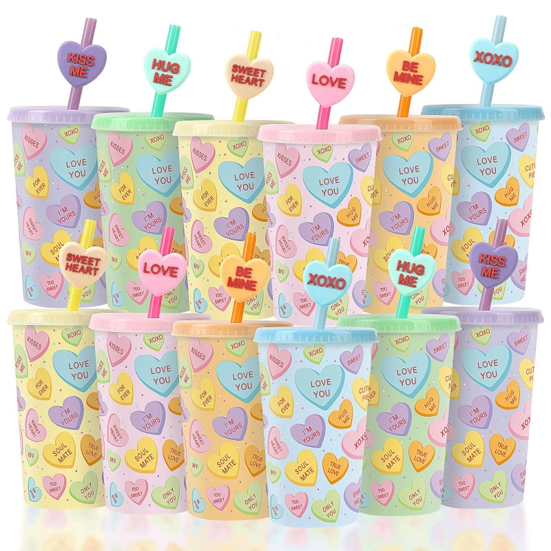 Jansun Conversation Hearts Color Changing Cups, 12-Pack Valentine's Day Cups with Lids and Straws, Candy Heart Party Supplies for Valentine's Party Decor, Wedding, Anniversary - Image 1