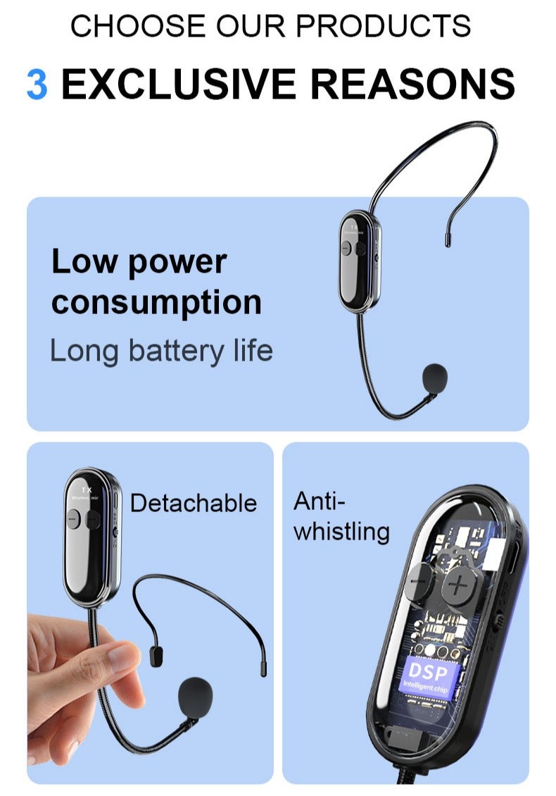 ميكروفون رأس لاسلكي 2.4G للمعلمين والمرشدين – قابل للفصل، مدى طويل (30M)، خالٍ من الضوضاء، اقتران تلقائي، بطارية تدوم 6-8 ساعات – متوافق مع أنظمة الصوت ومكبرات الصوت - Image 3