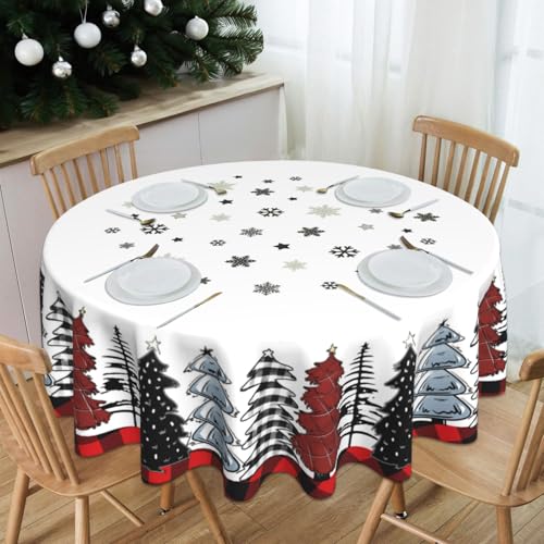 JYKCUL Christmas Tablecloth Round 60 Inch Christmas Trees Buffalo Plaid Table Cloth Xmas Winter Table Cover for Party Picnic Kitchen Dinner Decor - Image 1