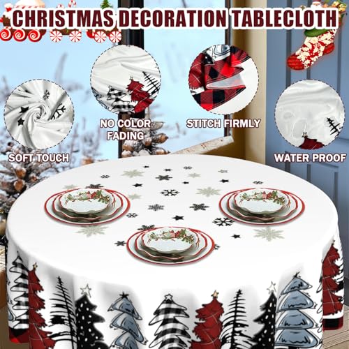 JYKCUL Christmas Tablecloth Round 60 Inch Christmas Trees Buffalo Plaid Table Cloth Xmas Winter Table Cover for Party Picnic Kitchen Dinner Decor - Image 5