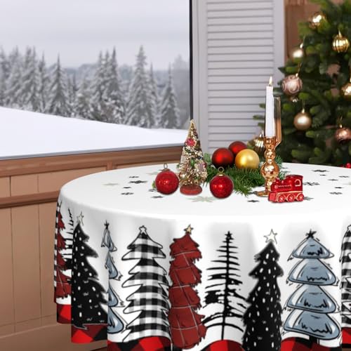 JYKCUL Christmas Tablecloth Round 60 Inch Christmas Trees Buffalo Plaid Table Cloth Xmas Winter Table Cover for Party Picnic Kitchen Dinner Decor - Image 2