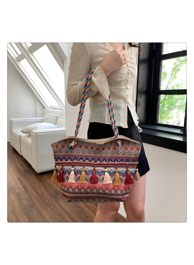 كيفية حقيبة كتف منسوجة عصرية مع هامش على الطراز العرقي، حقيبة كتف كبيرة السعة، حقيبة يد نسائية أنيقة متعددة الاستخدامات - Image 2