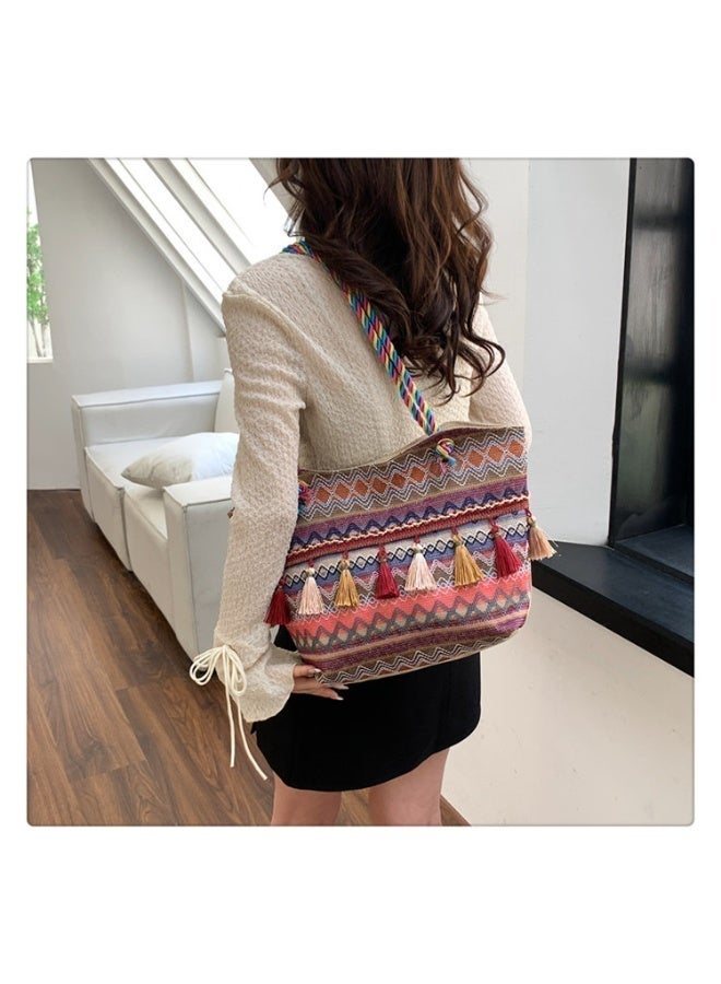 كيفية حقيبة كتف منسوجة عصرية مع هامش على الطراز العرقي، حقيبة كتف كبيرة السعة، حقيبة يد نسائية أنيقة متعددة الاستخدامات - Image 4