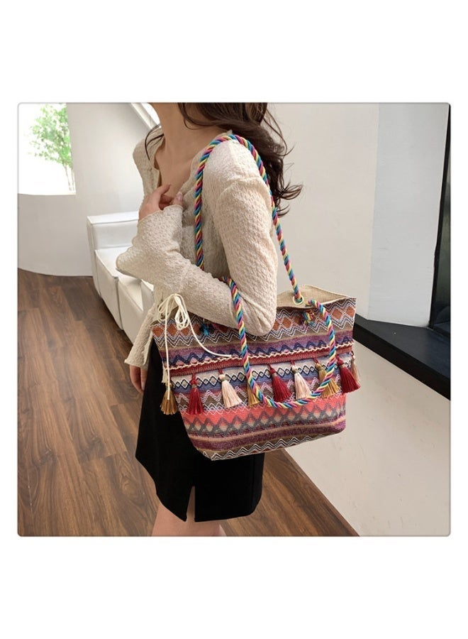 كيفية حقيبة كتف منسوجة عصرية مع هامش على الطراز العرقي، حقيبة كتف كبيرة السعة، حقيبة يد نسائية أنيقة متعددة الاستخدامات - Image 3