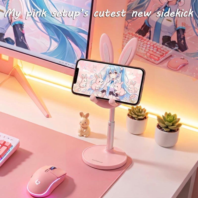 Oatsbasf Cute Phone Stand, Adjustable Bunny Phone Stand for Desk, Thick Case Friendly Phone Holder Stand, Compatible with iPhone, Kindle, iPad, Switch, Tablets, All Phones (Pink) - Image 2