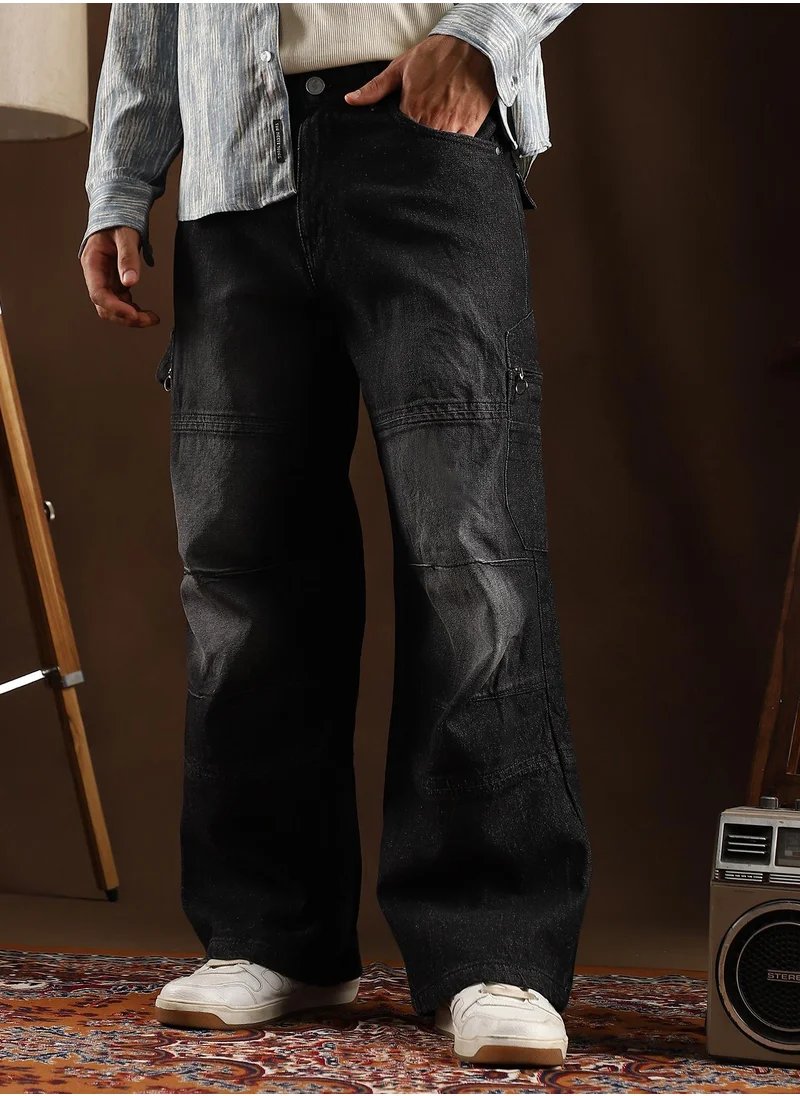 Campus Sutra Campus Sutra Men's Midnight Black Tinted Panelled Denim Jeans For Casual Wear | Mid-Rise | Straight Fit | Button Closure | Denim Jeans Crafted With Comfort Fit For Everyday Wear
