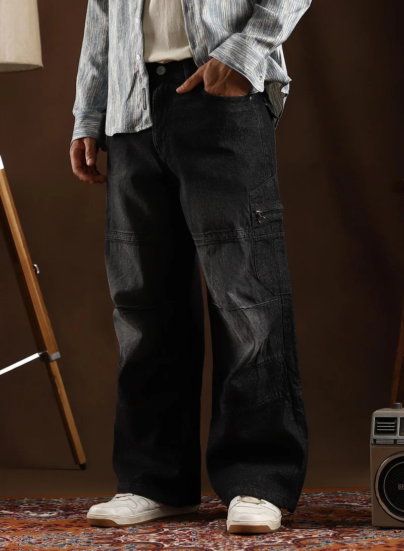 Campus Sutra Campus Sutra Men's Midnight Black Tinted Panelled Denim Jeans For Casual Wear | Mid-Rise | Straight Fit | Button Closure | Denim Jeans Crafted With Comfort Fit For Everyday Wear