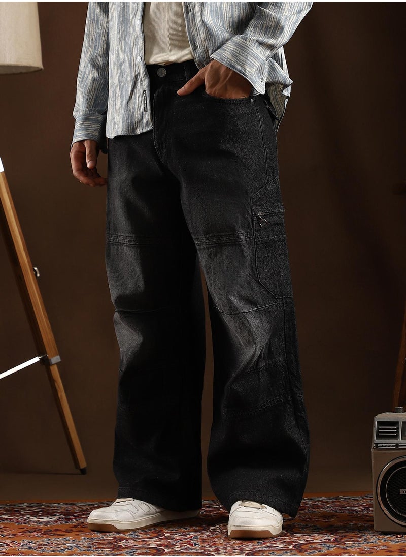Campus Sutra Campus Sutra Men's Midnight Black Tinted Panelled Denim Jeans For Casual Wear | Mid-Rise | Straight Fit | Button Closure | Denim Jeans Crafted With Comfort Fit For Everyday Wear  - Image 3