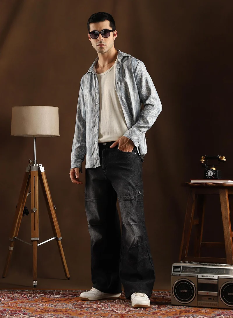 Campus Sutra Campus Sutra Men's Midnight Black Tinted Panelled Denim Jeans For Casual Wear | Mid-Rise | Straight Fit | Button Closure | Denim Jeans Crafted With Comfort Fit For Everyday Wear
