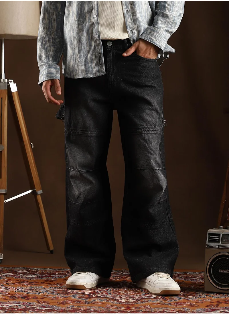 Campus Sutra Campus Sutra Men's Midnight Black Tinted Panelled Denim Jeans For Casual Wear | Mid-Rise | Straight Fit | Button Closure | Denim Jeans Crafted With Comfort Fit For Everyday Wear