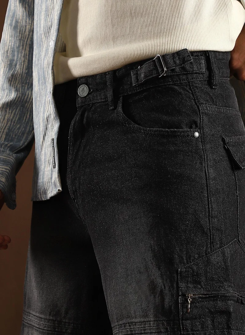 Campus Sutra Campus Sutra Men's Midnight Black Tinted Panelled Denim Jeans For Casual Wear | Mid-Rise | Straight Fit | Button Closure | Denim Jeans Crafted With Comfort Fit For Everyday Wear