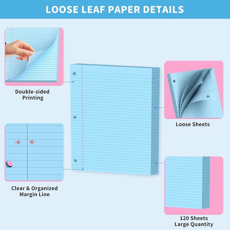 PINJINGPRO ورق وردي من نوع Loose Leaf، 120 ورقة، ملون، مقاس 8 بوصة × 10.5 بوصة، مزود بخطوط تنظيمية، مثقوب بثلاث ثقوب، مناسب لمجلدات ذات ثلاث حلقات، مناسب لمستلزمات المكتب والمدرسة. - Image 3
