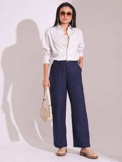 globus Women Cotton High-Rise Wide Leg Formal Trousers