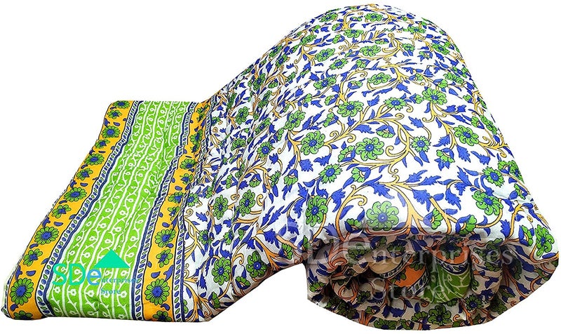 Lilfly Rajasthani Light Weight Single Bed Reversible Both Side use Green jaal Flower with Boarder Soft Jaipuri AC Quilt/Razai Designer Cotton Quilts (Size 55X85 inch)