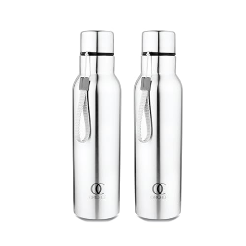 Omichef Stainless Steel Sports Water Bottle, 750 ml Water Bottles, Single Walled, Leak-Proof, Rust-free, Easy Grip, Easy to Carry, Travel Bottle, Silver (Pack Of 2) - Image 1