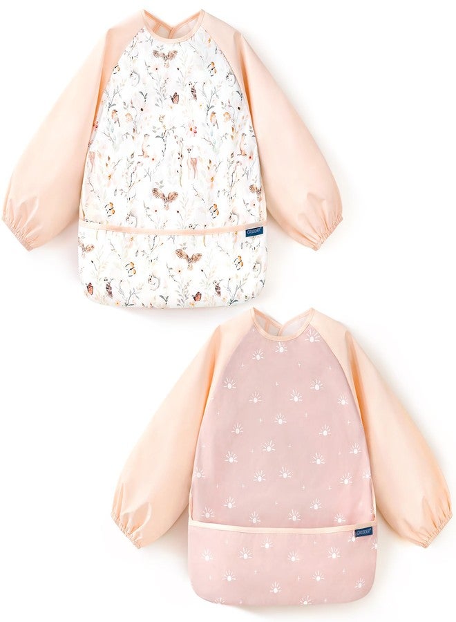 GRSSDER 2 Pack Long Sleeve Baby Feeding Bibs, Super Soft Lightweight Waterproof Coverall Baby Led Weaning Bib with Large Food Catcher Pocket, Adjustable and Easy Clean for 6-30 Months - Image 1