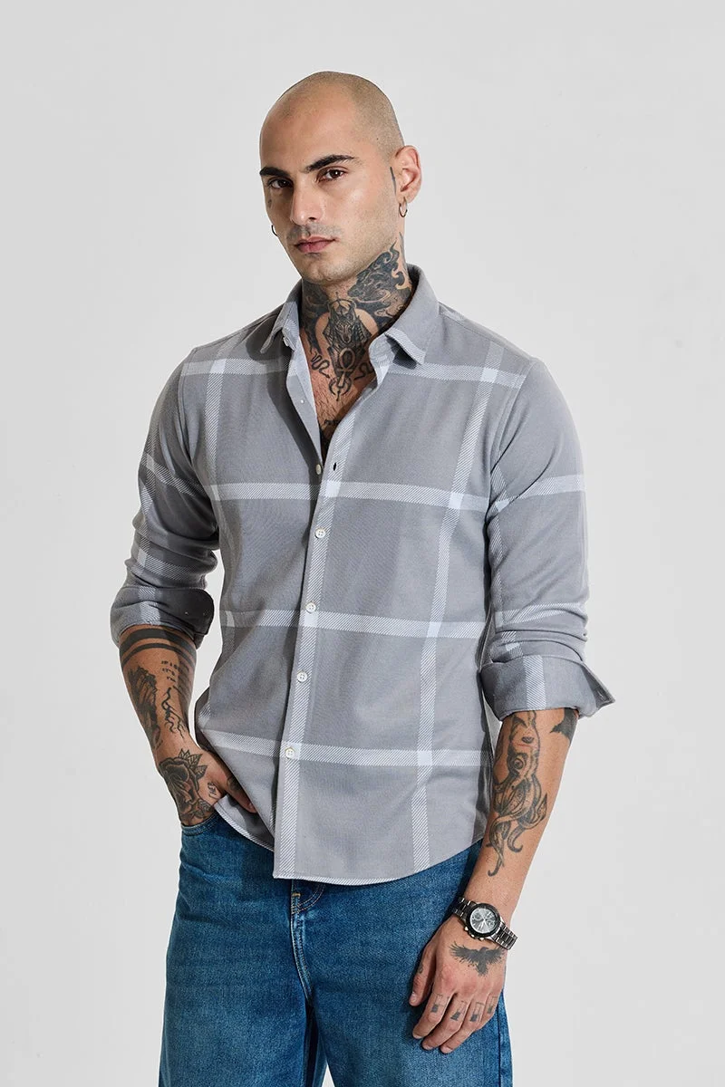 سنيتش قميص رجالي بقصة ضيقة كاروهات رمادي