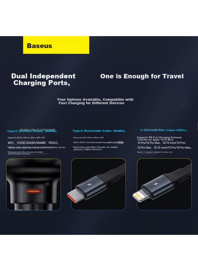 Baseus Car Charger And ette Lighter Dual-port Super Fast Charging Adapter With Retractable Cable Type-c 60w 1 - Image 4