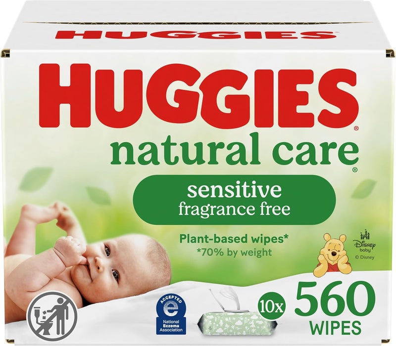 HUGGIES Natural Care Sensitive Baby Wipes, Unscented, Hypoallergenic, 99% Purified Water, 10 Flip-Top Packs (560 Wipes Total) - Image 1