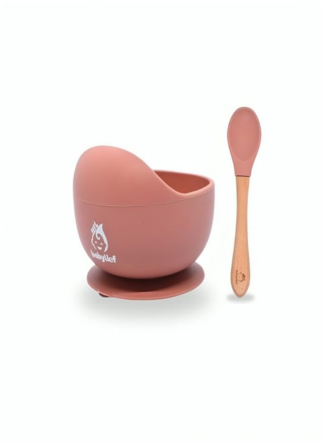 Babylief™ Silicone Suction Bowl and Wooden Handled Silicone Spoon Combo (Pink) - Image 1
