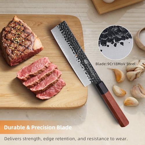 FINDKING Dynasty Series Japanese Nakiri Knife, Professional Vegetable Cleaver, 9Cr18MoV High Carbon Steel Blade, African Rosewood Octagonal Handle, for Shred, Slicing, Mincing, 7 Inches - Image 2