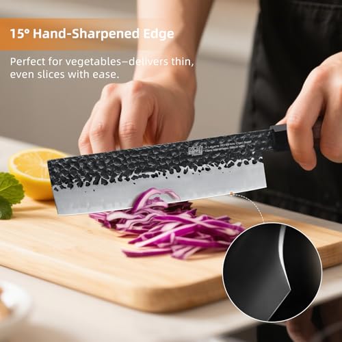 FINDKING Dynasty Series Japanese Nakiri Knife, Professional Vegetable Cleaver, 9Cr18MoV High Carbon Steel Blade, African Rosewood Octagonal Handle, for Shred, Slicing, Mincing, 7 Inches - Image 5