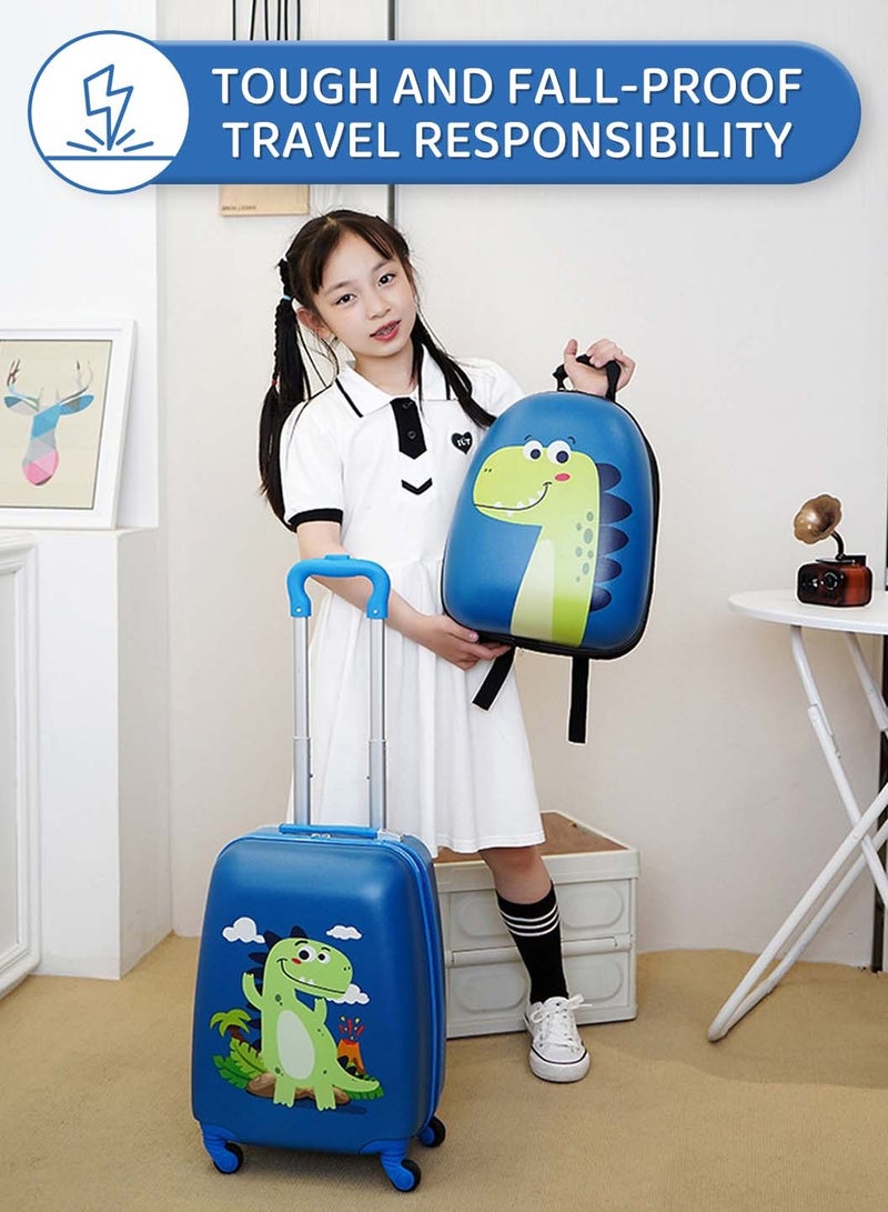 موفانت مجموعة حقائب سفر للأطفال من 3 قطع مع وسادة على شكل حرف U، مجموعة حقائب سفر محمولة للأطفال على شكل ديناصور مقاس 18 بوصة مع حقيبة مدرسية، مجموعة حقائب سفر للأطفال الصغار، مجموعة حقائب سفر محمولة للأطفال الأولاد والبنات من 1 إلى 3 أيام سفر، مادة ABS+PC، لون أزرق - Image 2