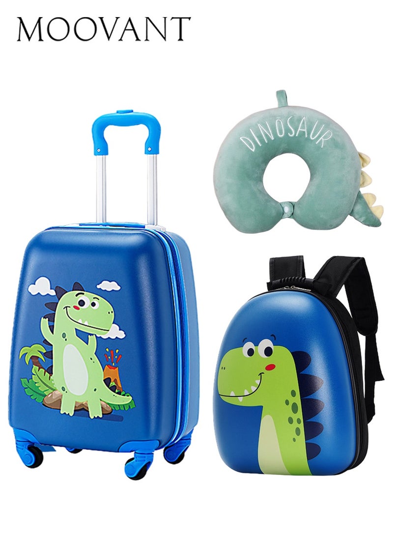 موفانت مجموعة حقائب سفر للأطفال من 3 قطع مع وسادة على شكل حرف U، مجموعة حقائب سفر محمولة للأطفال على شكل ديناصور مقاس 18 بوصة مع حقيبة مدرسية، مجموعة حقائب سفر للأطفال الصغار، مجموعة حقائب سفر محمولة للأطفال الأولاد والبنات من 1 إلى 3 أيام سفر، مادة ABS+PC، لون أزرق - Image 1