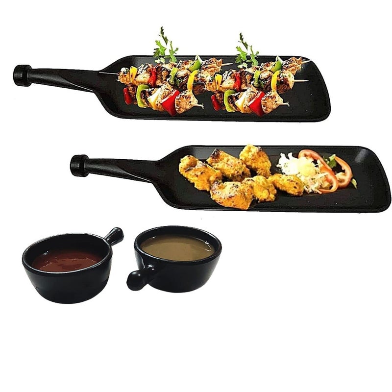 DECOR VIBES Melamine Bat Platter for French Fries, Momos, Paneer Tikka, Serving Platter with 2 Handle Dip Bowl Unbreakable Serving Starter, Dessert and Snacks Platter/Tray (Matt Black, Combo of 4 ) - Image 1