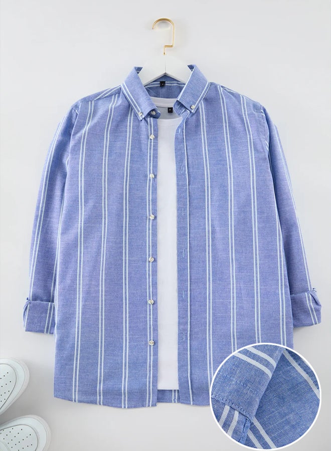 Trendyol Man Blue Slim Fit Button Down Collar Pinstripe Shirt - Image 1