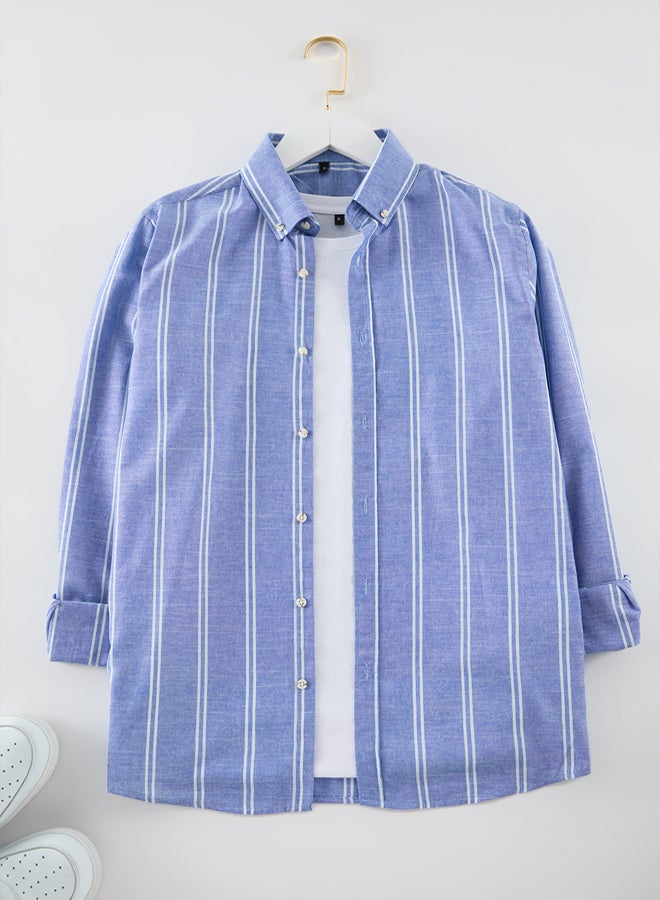 Trendyol Man Blue Slim Fit Button Down Collar Pinstripe Shirt - Image 2