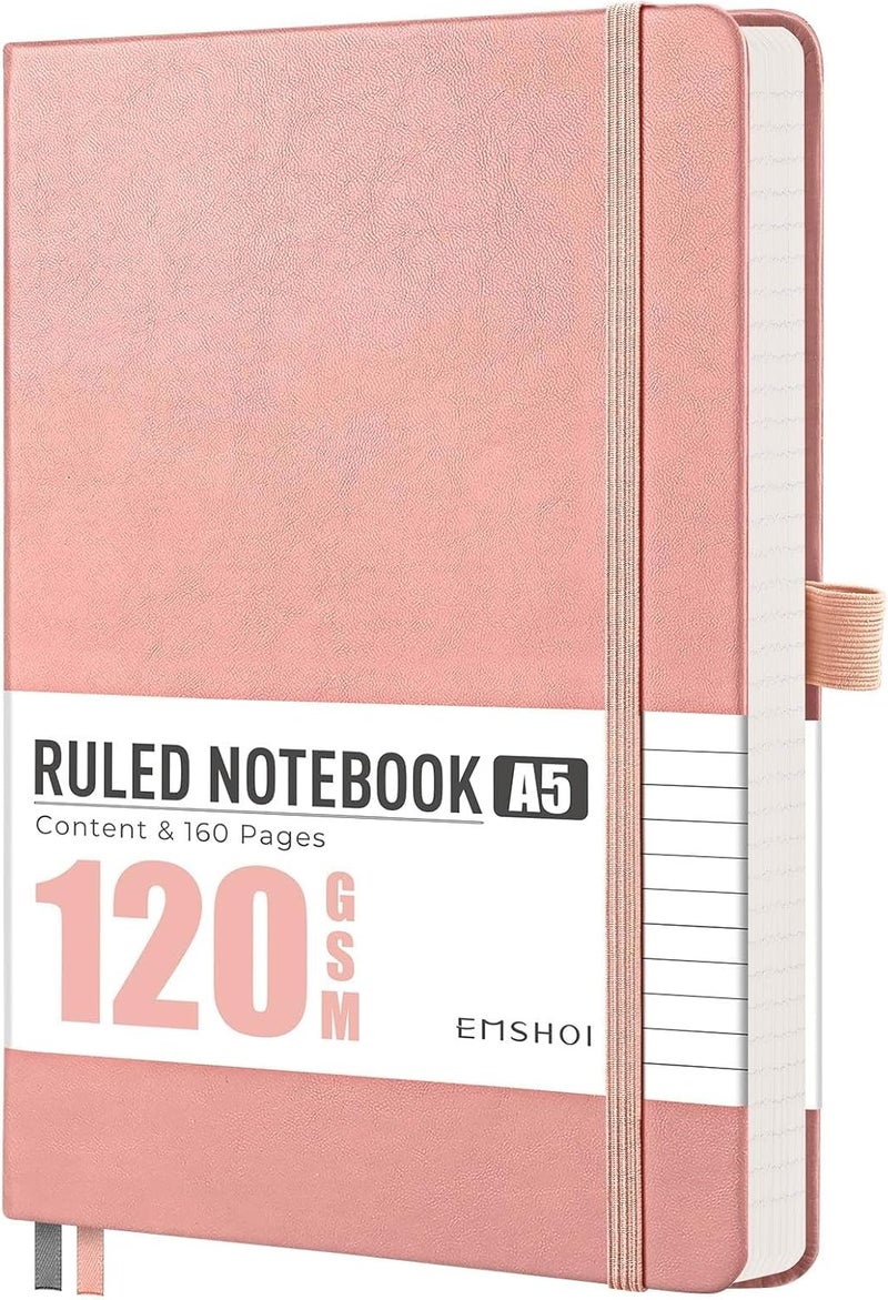EMSHOI A5 Notebook Lined Journal - 120 GSM Paper Hardcover Notebook for Work, 160 Pages College Ruled Notebook, Leather Writing Journal for Women, Men, Work, School, 14.5 X 21 cm - Pink - Image 1
