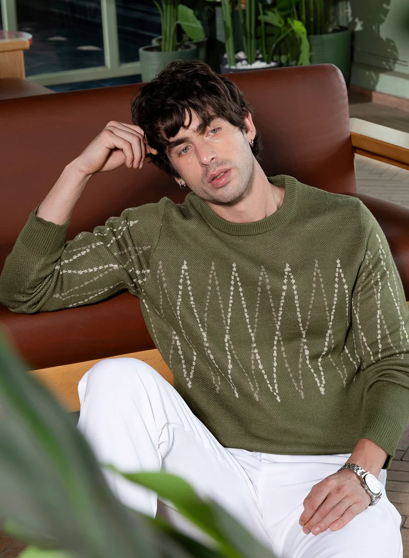 كامبوس سوترا Men Zigzag-Jacquard Pullover Sweater | Round Neck, Long Ribbed-Cuff Sleeves | Pull On , Ribbed-Straight Hem | Geometric Jacquard Knitted Fabric For Casual & Daily Wear | Olive Green