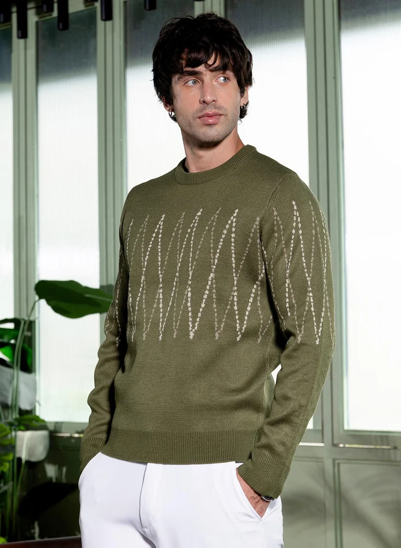 Campus Sutra  Men Zigzag-Jacquard Pullover Sweater | Round Neck, Long Ribbed-Cuff Sleeves | Pull On , Ribbed-Straight Hem | Geometric Jacquard Knitted Fabric For Casual & Daily Wear | Olive Green for Men | Best Price UAE