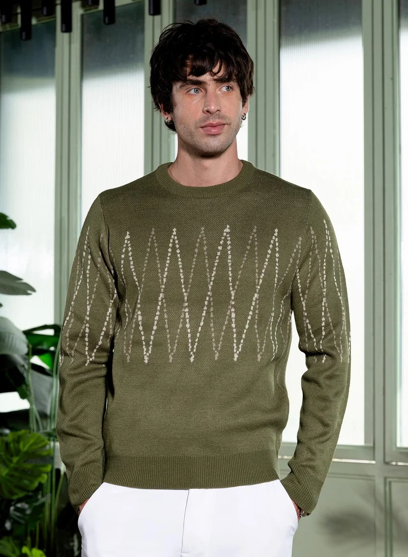Campus Sutra Men Zigzag-Jacquard Pullover Sweater | Round Neck, Long Ribbed-Cuff Sleeves | Pull On , Ribbed-Straight Hem | Geometric Jacquard Knitted Fabric For Casual & Daily Wear | Olive Green