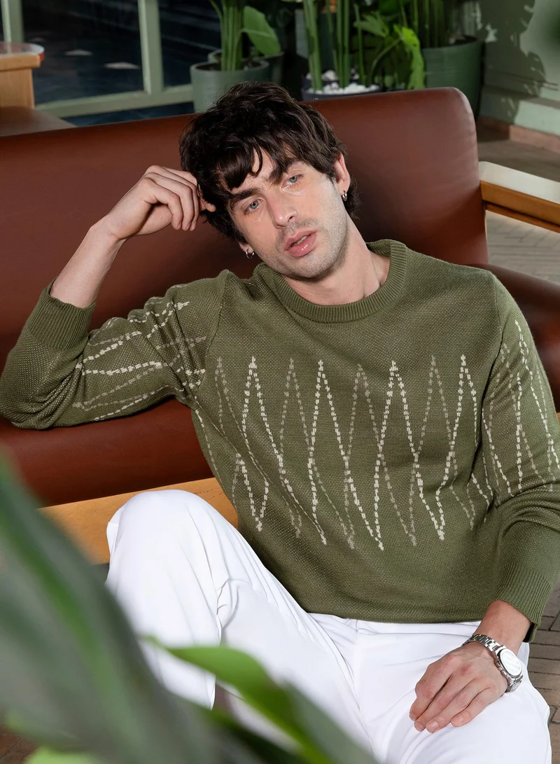 Campus Sutra Men Zigzag-Jacquard Pullover Sweater | Round Neck, Long Ribbed-Cuff Sleeves | Pull On , Ribbed-Straight Hem | Geometric Jacquard Knitted Fabric For Casual & Daily Wear | Olive Green