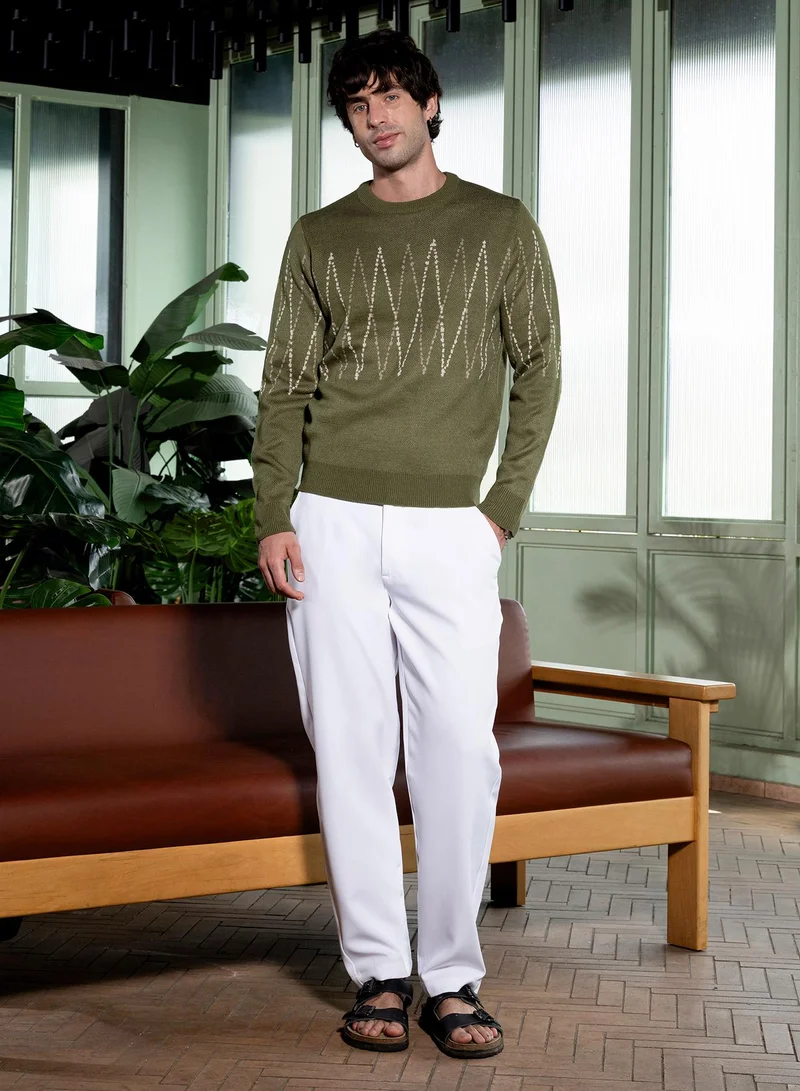 Campus Sutra  Men Zigzag-Jacquard Pullover Sweater | Round Neck, Long Ribbed-Cuff Sleeves | Pull On , Ribbed-Straight Hem | Geometric Jacquard Knitted Fabric For Casual & Daily Wear | Olive Green for Men | Best Price UAE