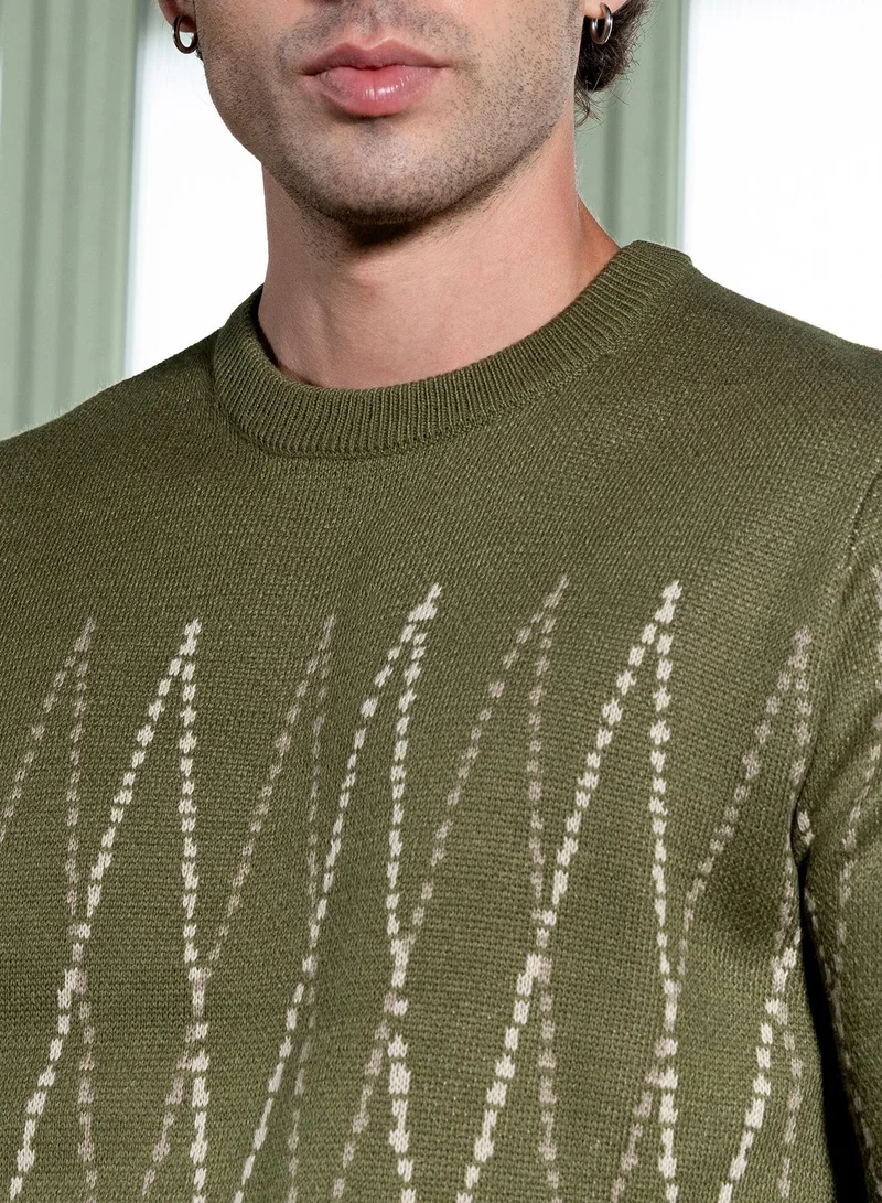 Campus Sutra  Men Zigzag-Jacquard Pullover Sweater | Round Neck, Long Ribbed-Cuff Sleeves | Pull On , Ribbed-Straight Hem | Geometric Jacquard Knitted Fabric For Casual & Daily Wear | Olive Green for Men | Best Price UAE