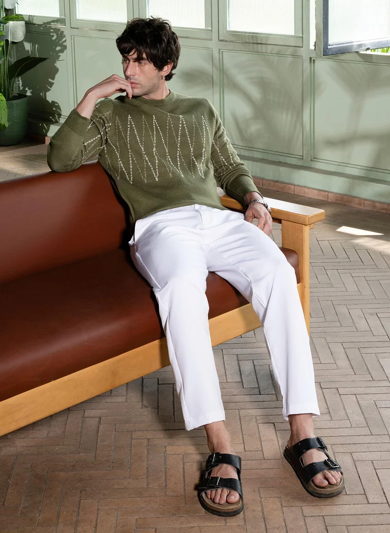 Campus Sutra  Men Zigzag-Jacquard Pullover Sweater | Round Neck, Long Ribbed-Cuff Sleeves | Pull On , Ribbed-Straight Hem | Geometric Jacquard Knitted Fabric For Casual & Daily Wear | Olive Green for Men | Best Price UAE