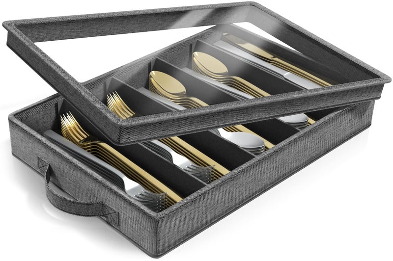 Sorbus Flatware Utensil Storage Gray Fabric Chest Box for Storage and Organizing Utensils Silverware Flatware Cutlery Silverware Organizer Container with Clear Lid Adjustable Divider