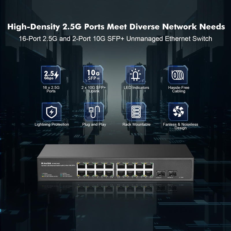 MokerLink 16 منفذ 2.5 جيجابت إيثرنت سويتش مع فتحتي SFP+ 10G، 16 منفذ RJ45 2.5G متوافقة مع 10/100/1000 ميجابت في الثانية، معدني غير مُدار بدون مروحة، سويتش شبكة قابل للتركيب في الرف - Image 2