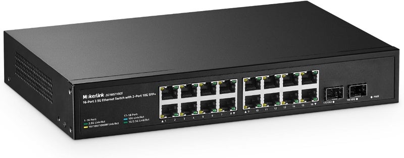 MokerLink 16 منفذ 2.5 جيجابت إيثرنت سويتش مع فتحتي SFP+ 10G، 16 منفذ RJ45 2.5G متوافقة مع 10/100/1000 ميجابت في الثانية، معدني غير مُدار بدون مروحة، سويتش شبكة قابل للتركيب في الرف - Image 1