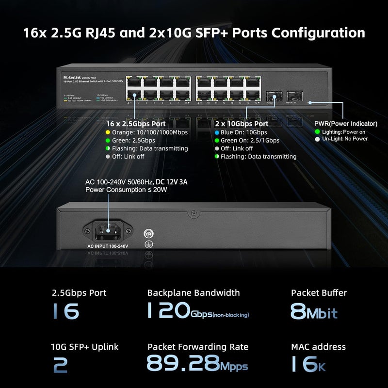 MokerLink 16 منفذ 2.5 جيجابت إيثرنت سويتش مع فتحتي SFP+ 10G، 16 منفذ RJ45 2.5G متوافقة مع 10/100/1000 ميجابت في الثانية، معدني غير مُدار بدون مروحة، سويتش شبكة قابل للتركيب في الرف - Image 4