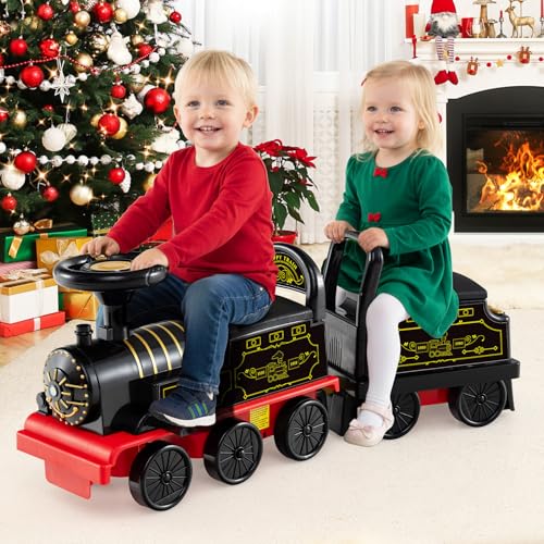 OLAKIDS 6V 2Seater Ride on Train with Carriage Storage Train Whistle Music Lights for 18 Months 2 Seaters Retro - Image 5