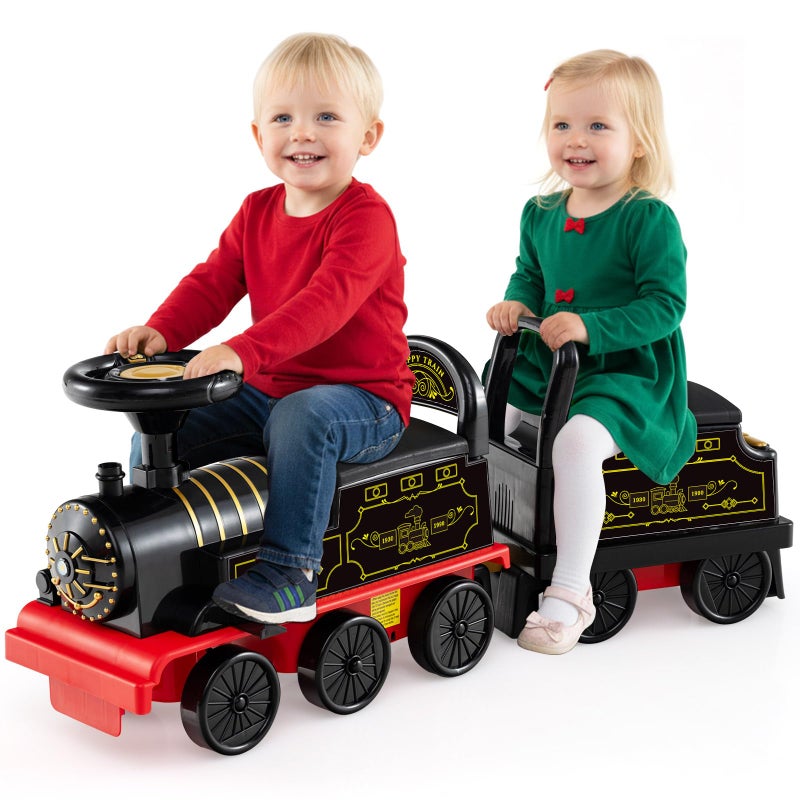OLAKIDS 6V 2Seater Ride on Train with Carriage Storage Train Whistle Music Lights for 18 Months 2 Seaters Retro - Image 3